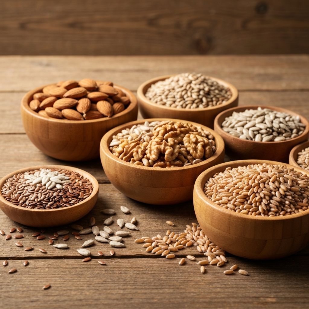 Verschiedene Samen und Nüsse in Schalen